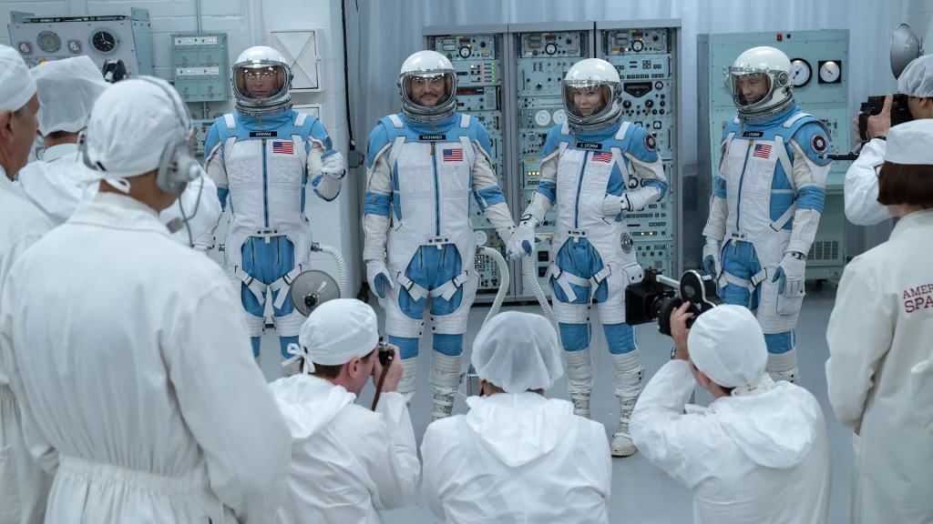 Pedro Pascal Ebon Moss-Bachrach Vanessa Kirby und Joseph Quinn inThe Fantastic Four First Steps