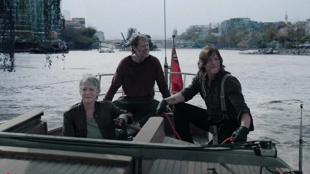 Norman Reedus Melissa McBride und Stephen Merchant in The Walking Dead Daryl Dixon Staffel 3 Regie Dan Percival